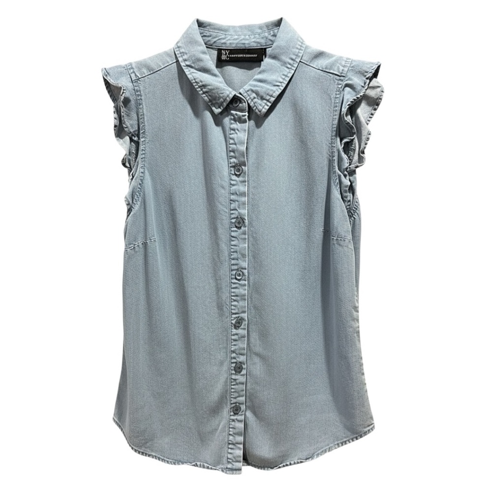 NY & Co Light Washed Chambray Ruffle Sleeve Button-Down Shirt - Size S